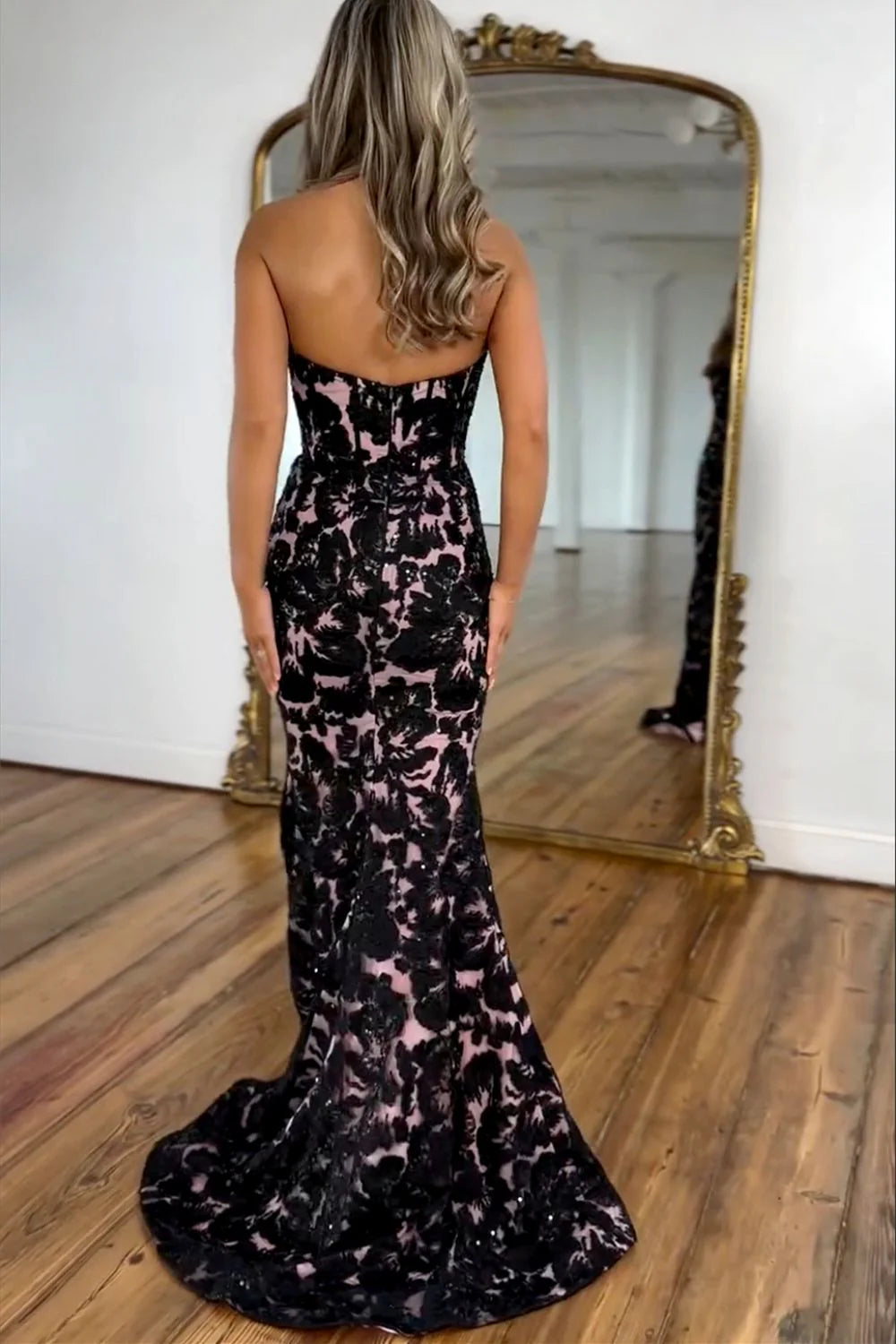 Mermaid Sweetheart Appliques Long Black formal dresses evening dress Prom Dress with and Slit