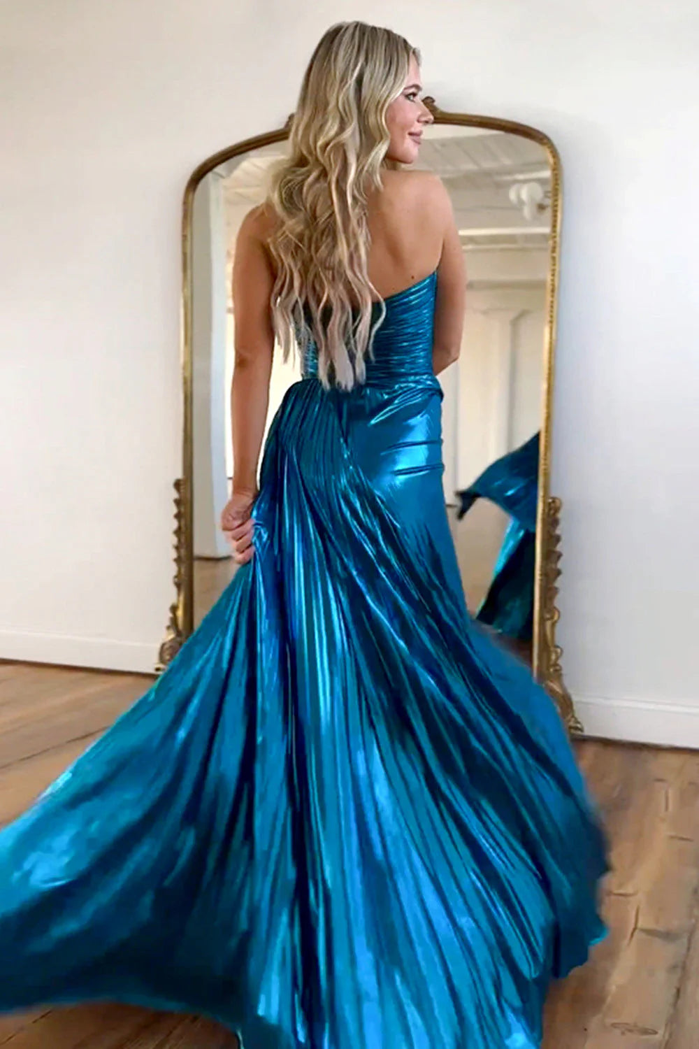 A-Line Sweetheart Sweep Train Peacock Blue formal dresses evening dress Prom Dresses With Slit