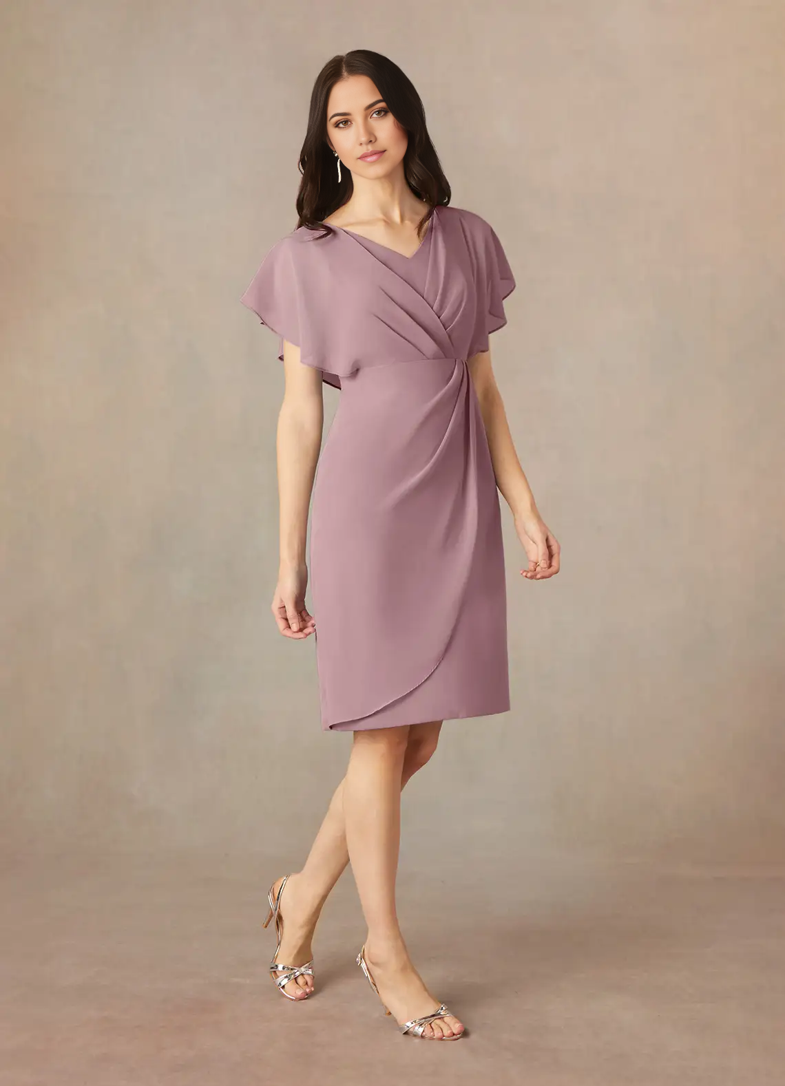 Sheath V-Neck Pleated Chiffon Dusty Rose Tea Length formal dresses evening dress Mother of the Bride Dresses