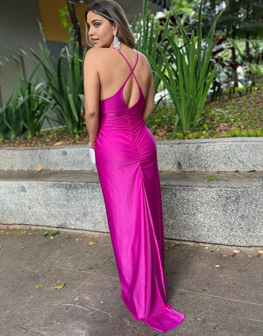 Mermaid Spaghetti Straps Ruched Satin Fuchsia Long formal dresses evening gown Prom Dress with Slit