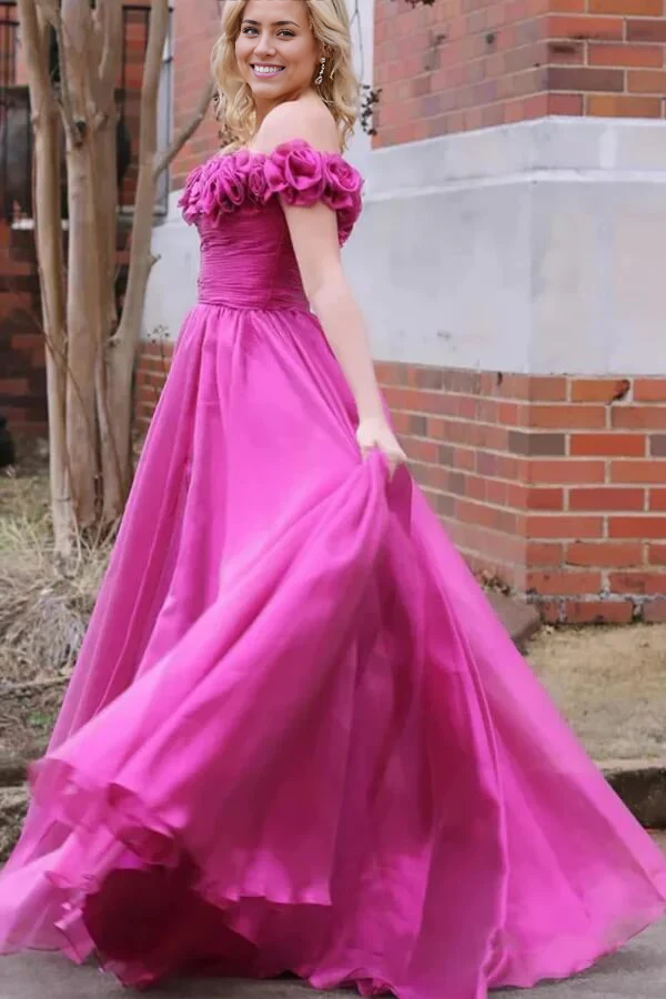 A-line Off-the-Shoulder Tulle Prom Dresses With 3D Flowers