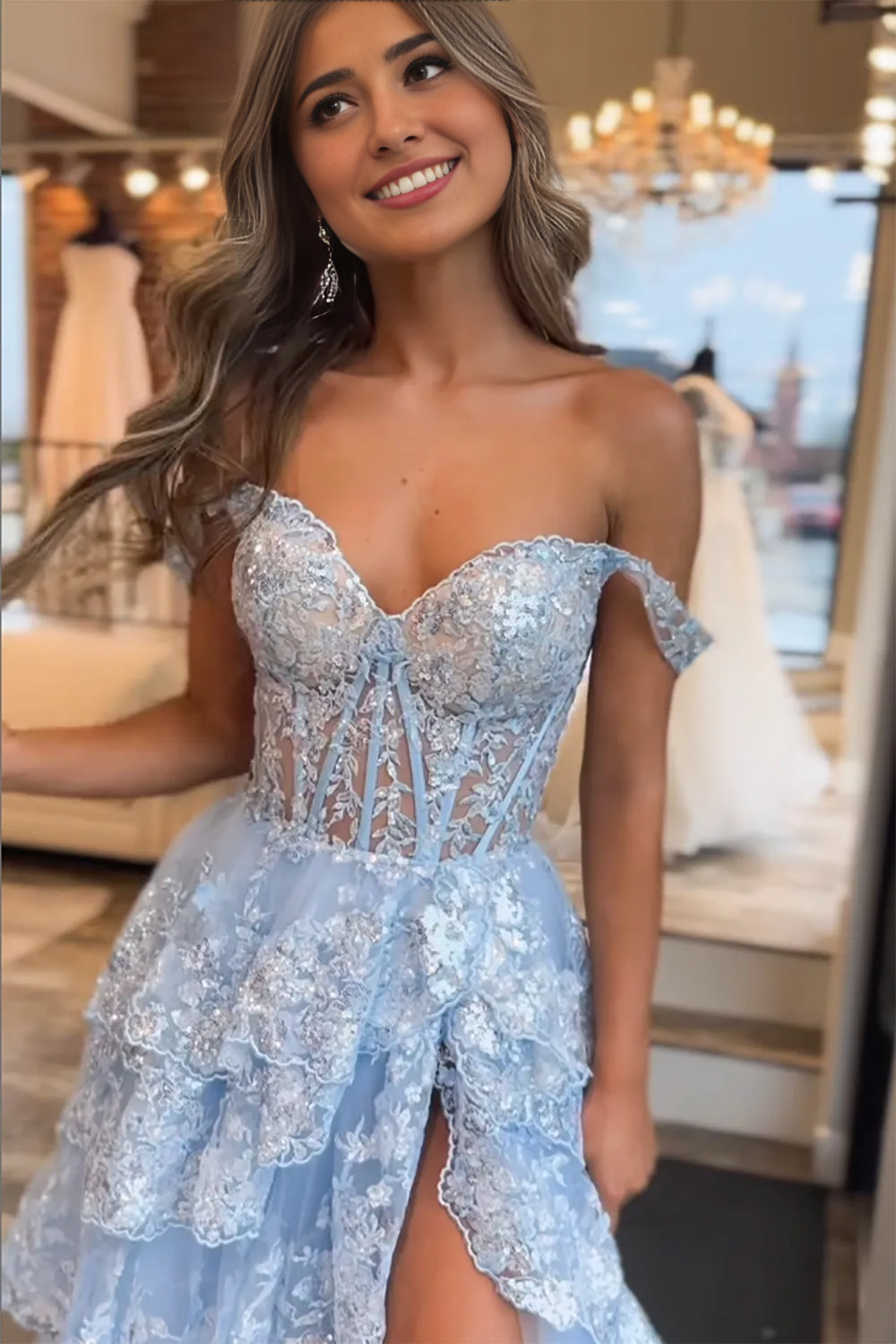 A Line Off the Shoulder Corset Prom Dress with Lace Ruffles