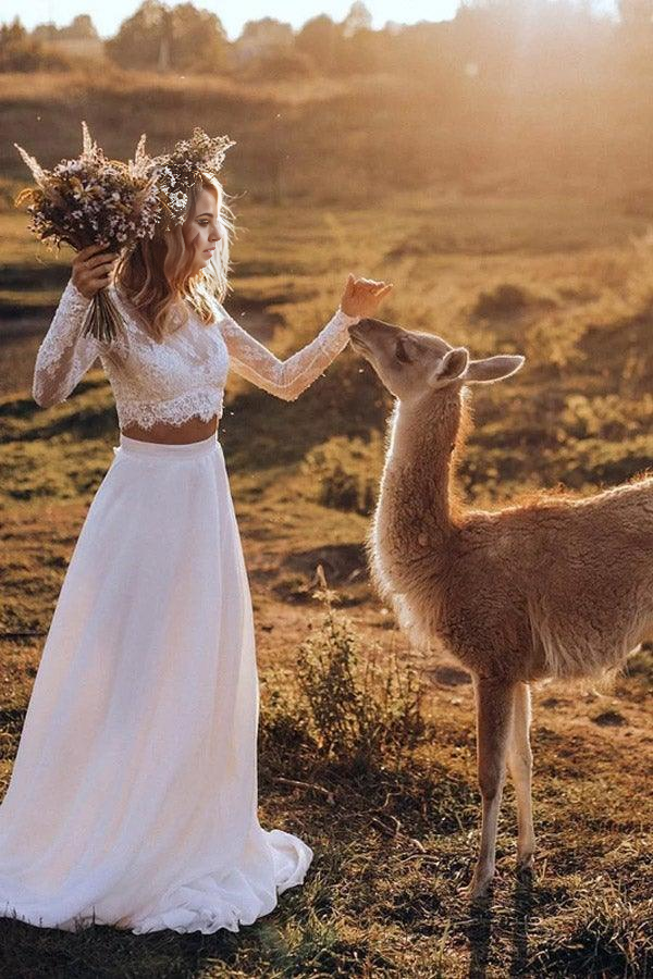 Two Pieces A-line Chiffon Long Sleeves Bridal Gown Wedding Dresses