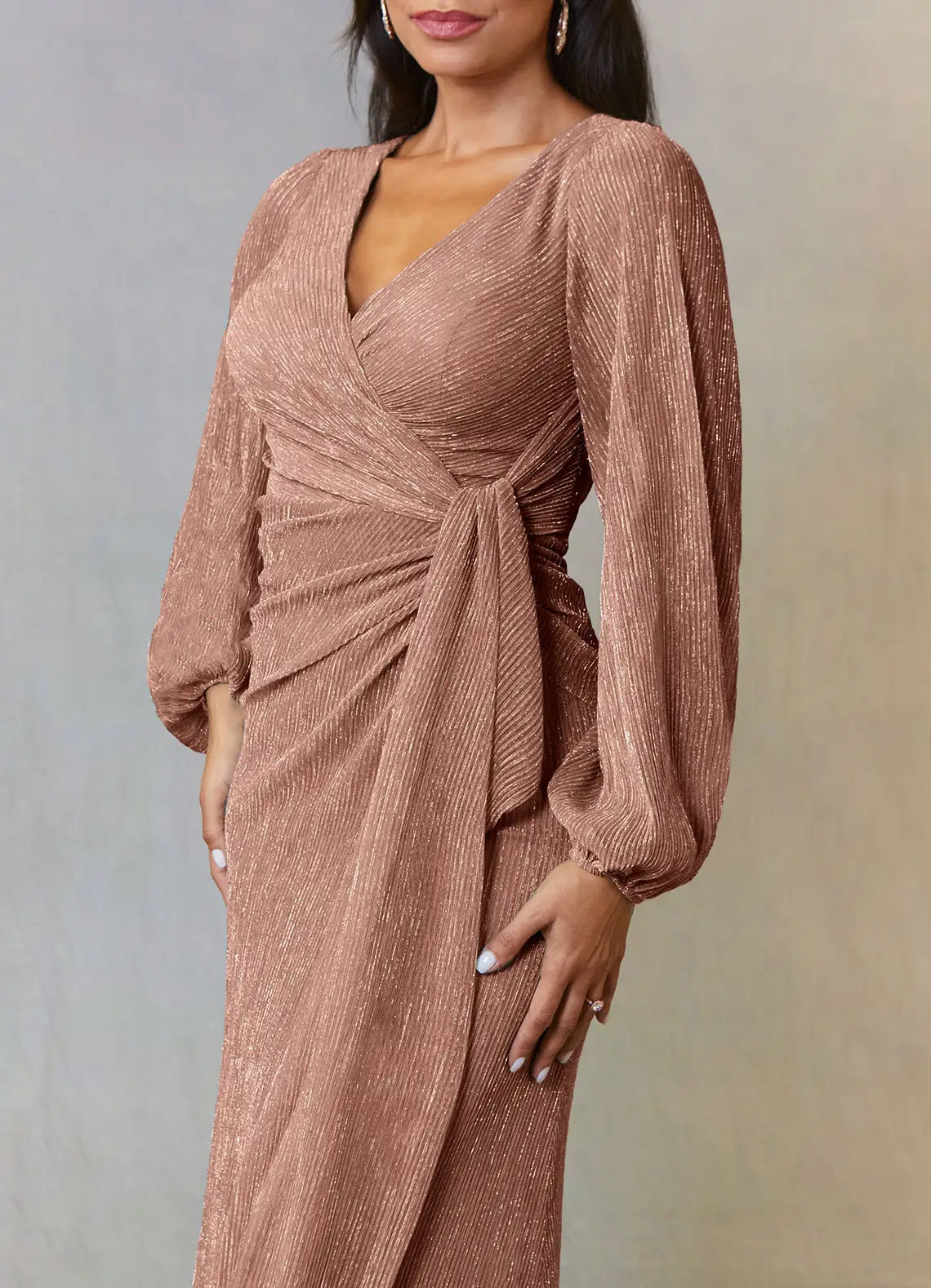 A-Line V-Neck Long Sleeve Ruched Rose Gold Mother of the Bride Dresses