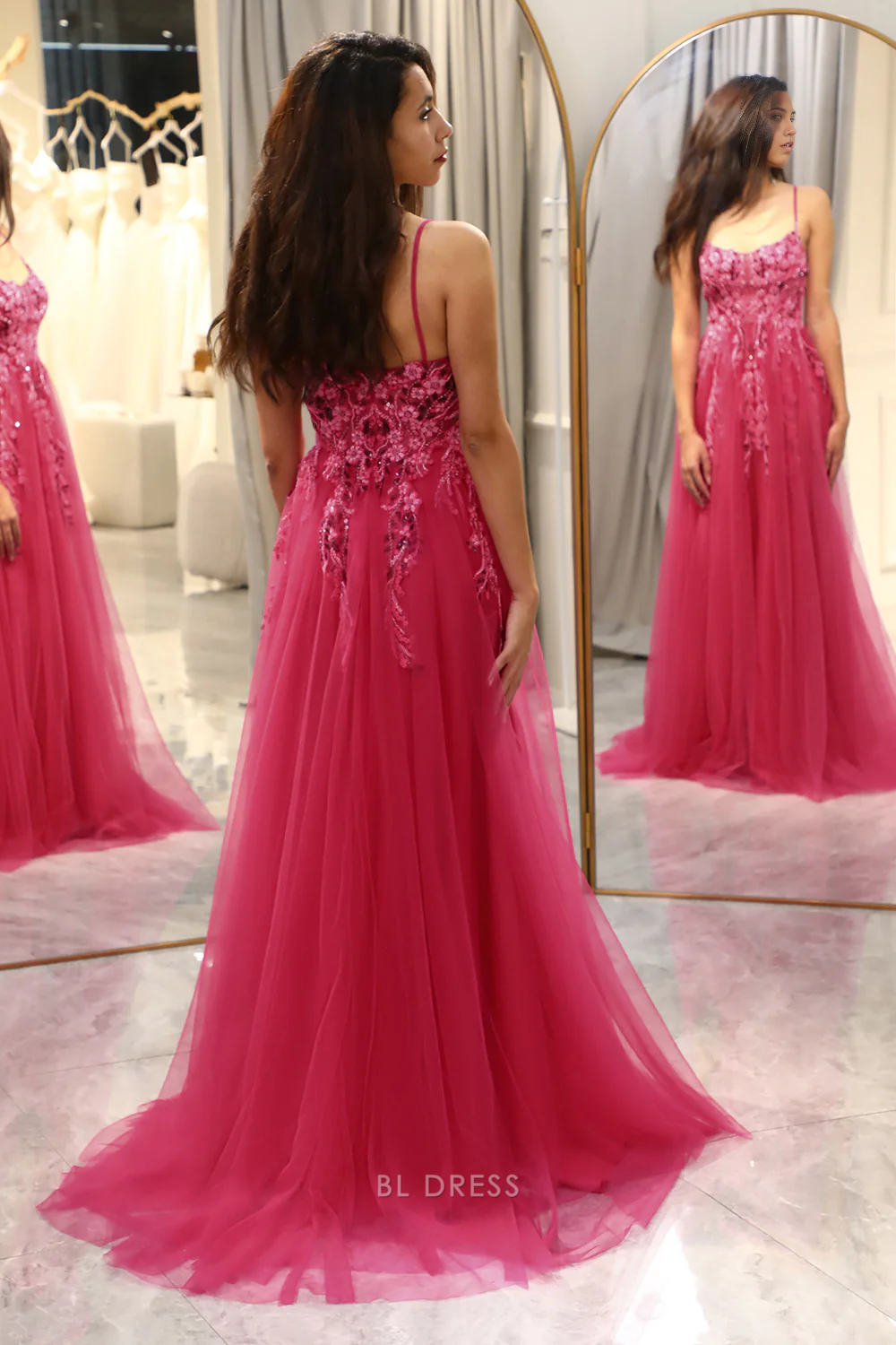 A Line Spaghetti Appliques Straps Tulle Long Fuchsia formal dresses Bridesmaid Dresses evening gown Prom Dress