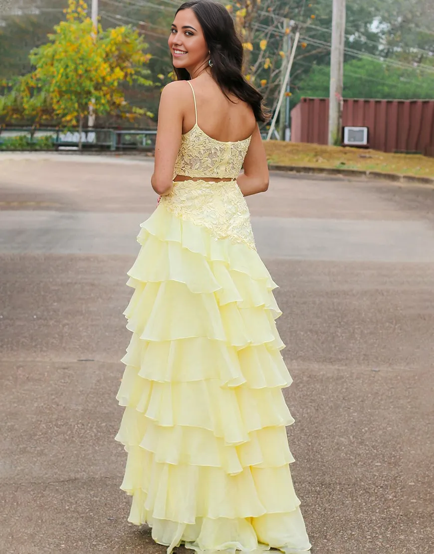 Sheath Sparkly Spaghetti Straps Appliques Ruffles Yellow Long formal dresses evening gown Prom Dress with Slit