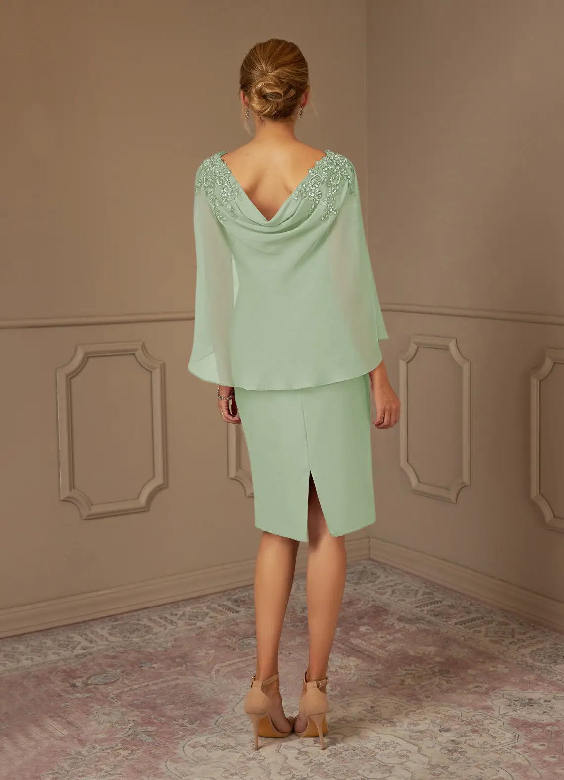 Sheath Lace Chiffon Tea Length Dusty Sage formal dresses evening dress Mother of the Bride Dresses