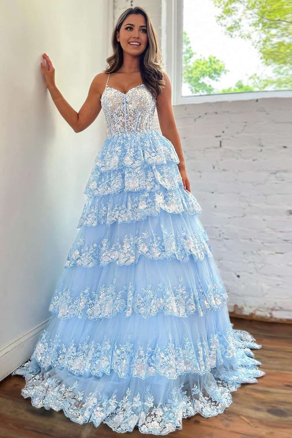 A-Line Spaghetti Straps Princess Long Glitter formal dresses evening gown Prom Dress With Appliques
