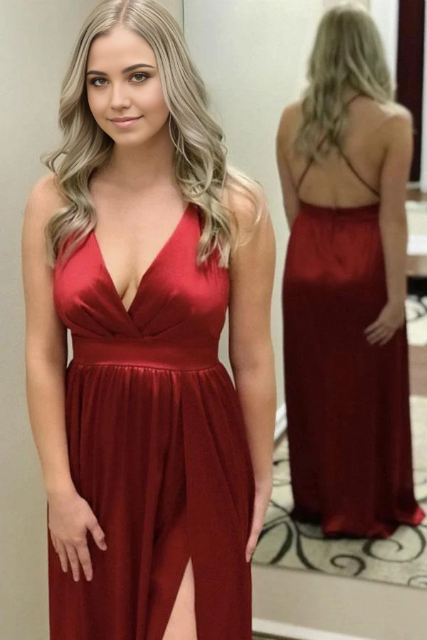 A-Line V Neck Sexy Silk Satin Prom Dresses With Side Slit