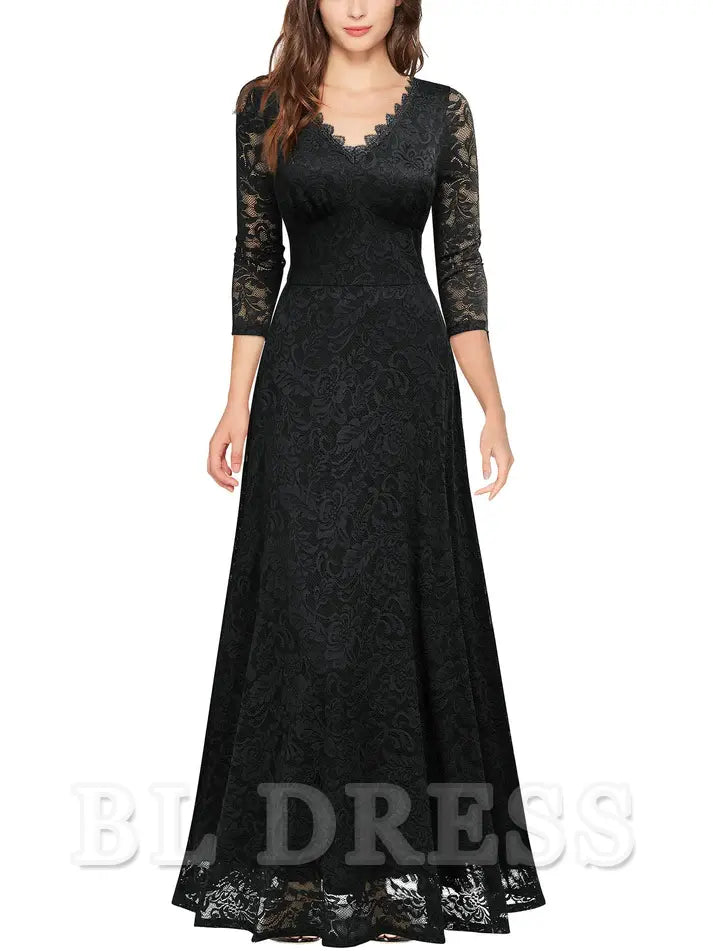 A-line V-Neck Lace 2/3 Sleeves evening gown formal dress Prom Dresses