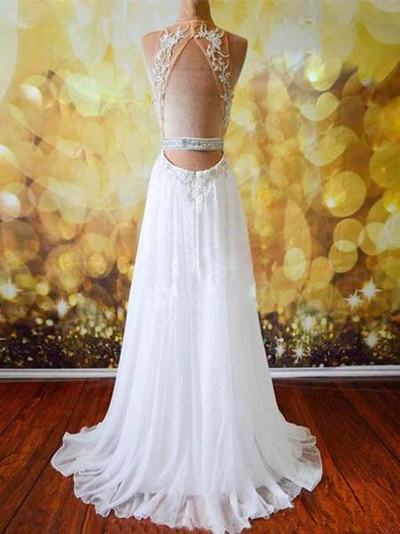 A Line Open Back Long Formal Dresses Prom Dresses with Lace Appliques