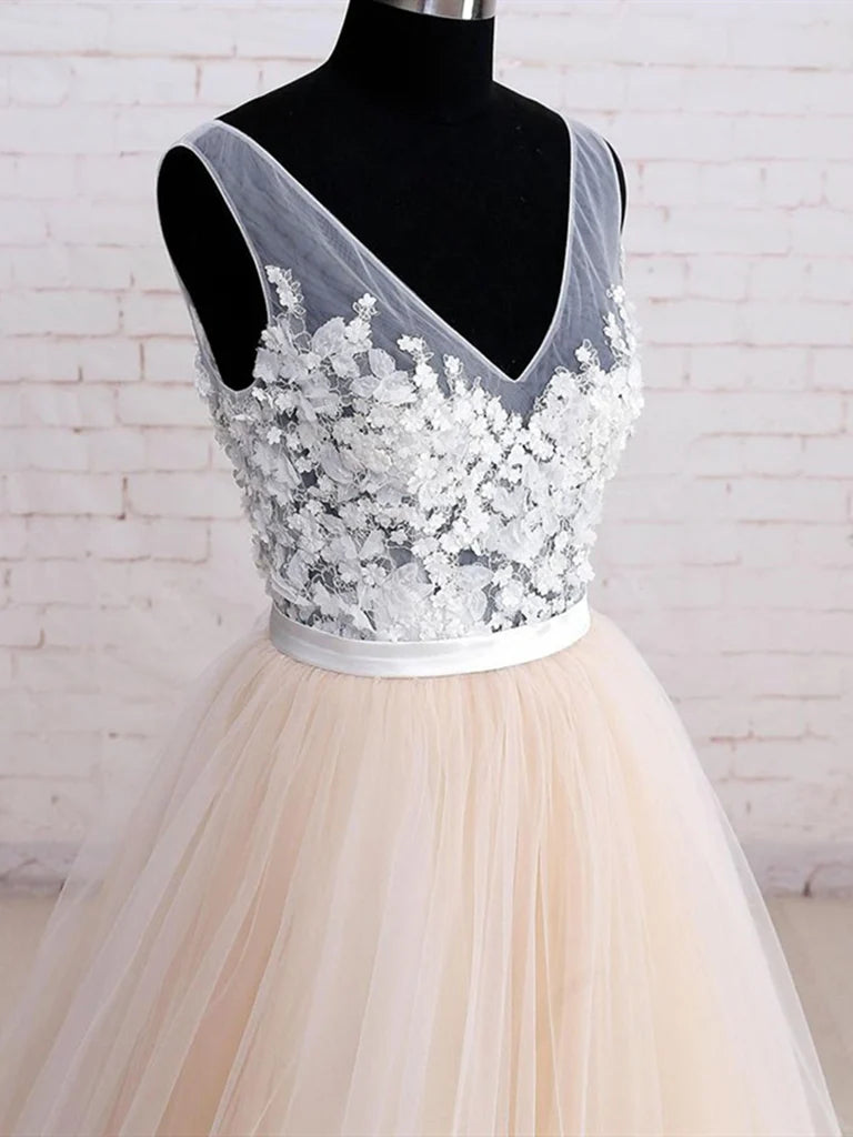 A-line V Neck Tulle Floral Ball Gown Prom Dress Formal Evening Dress