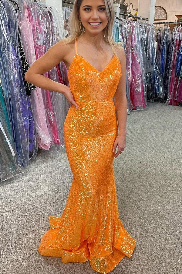 Mermaid Sparkle Orange Sequin Long Prom Formal Dress