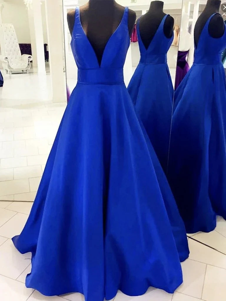 A-line Simple V Neck Satin Formal Evening Graduation Bridesmaid Dresses Long Prom Dresses