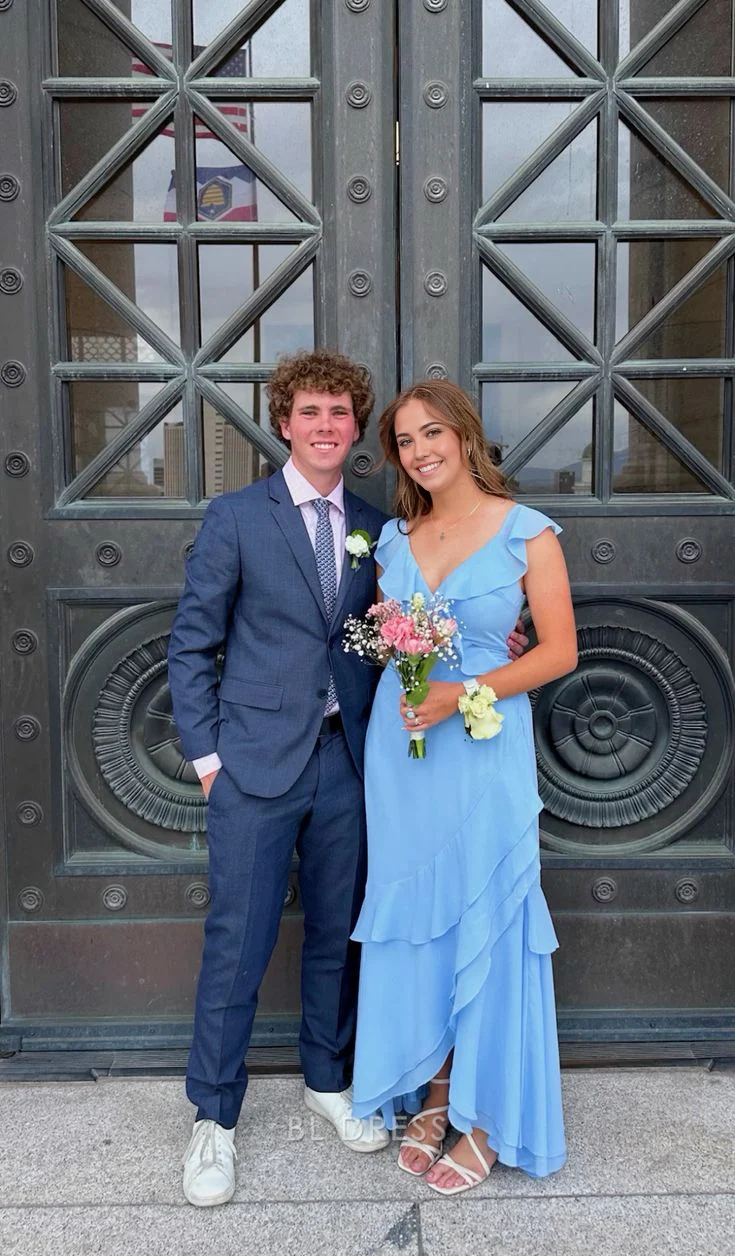 A-line V-Neck Ruffle Blue Chiffon Long formal dresses Bridesmaid Dresses evening gown Prom Dress