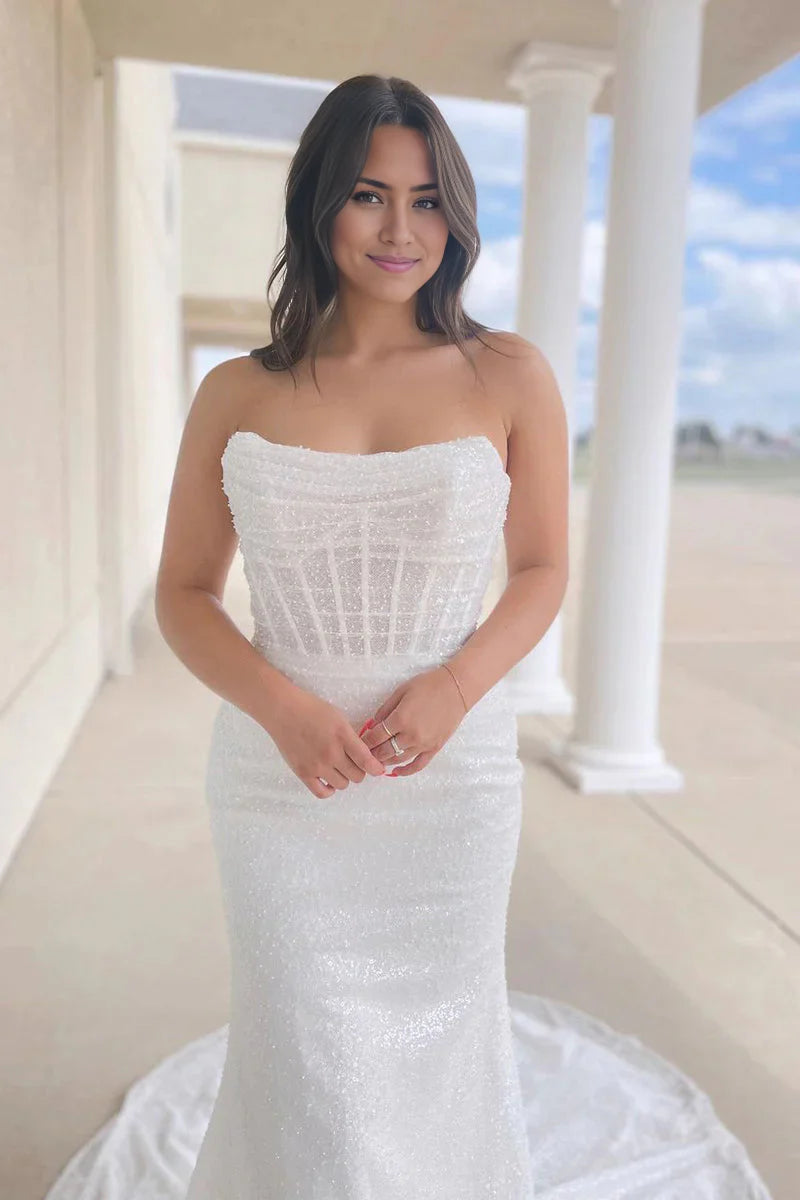 Mermaid Sparkly Sequins Strapless Wedding Dresses