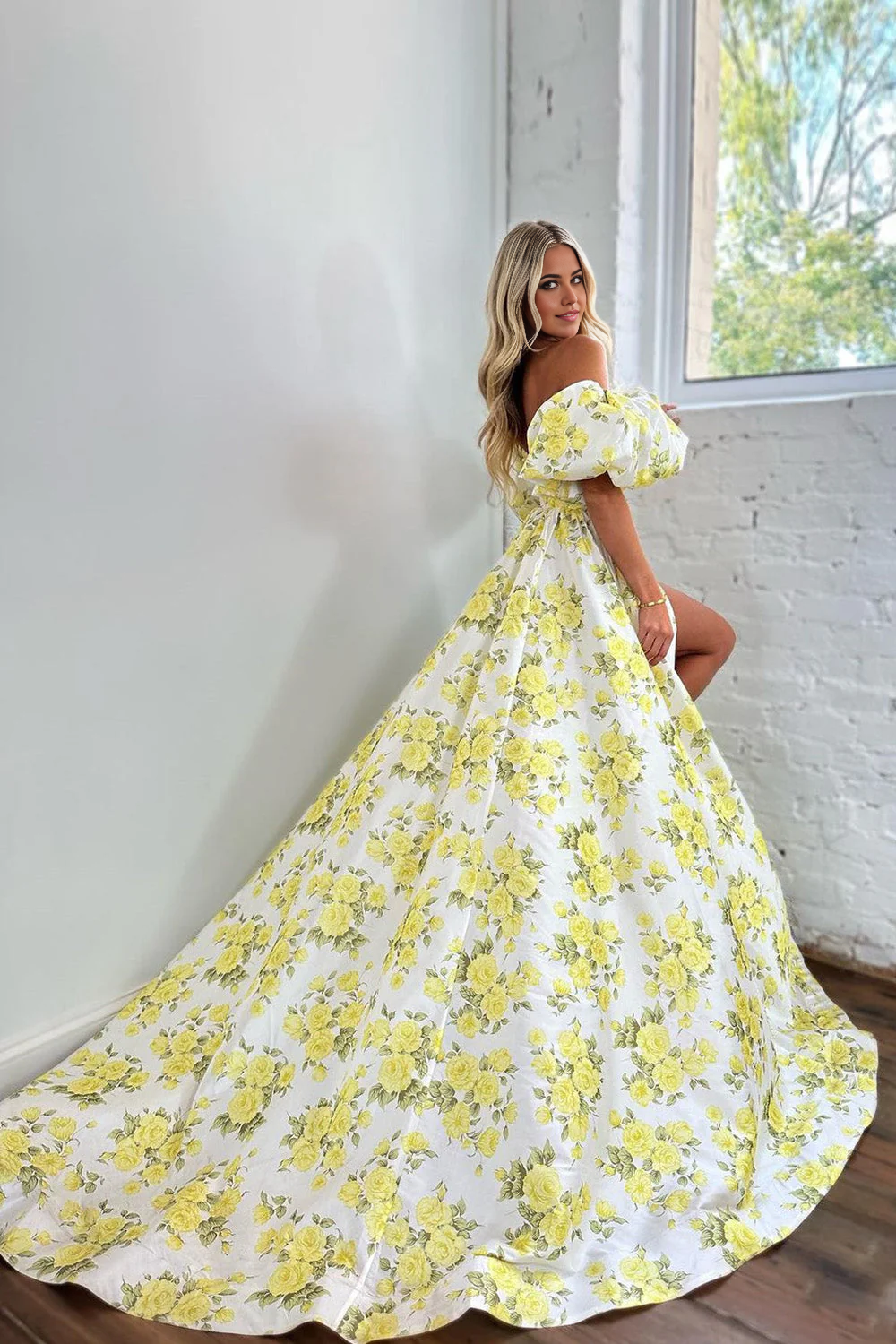 A-Line Off The Shoulder Puff Sleeves Yellow Long formal dresses evening dress Prom Dresses With Slit