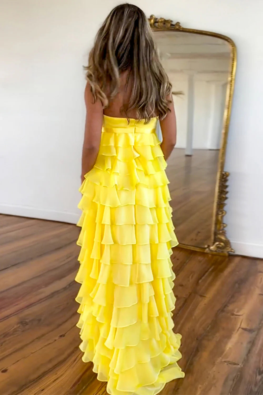 A-Line Strapless Zipper Back Long Tiered Lovely Yellow formal dresses evening dress Prom Dresses