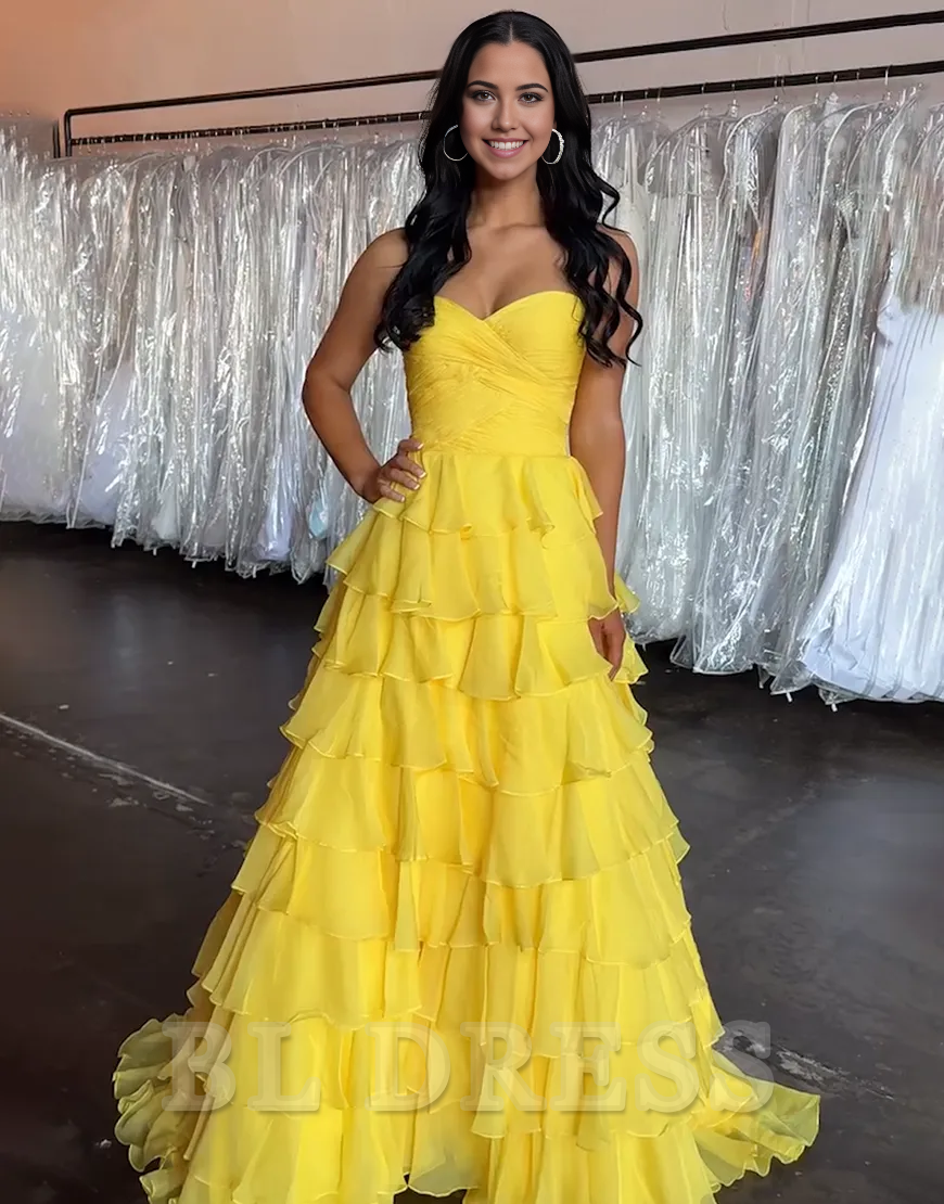 A-Line Strapless Ruffles Ruched Yellow Long formal dresses evening gown Prom Dress