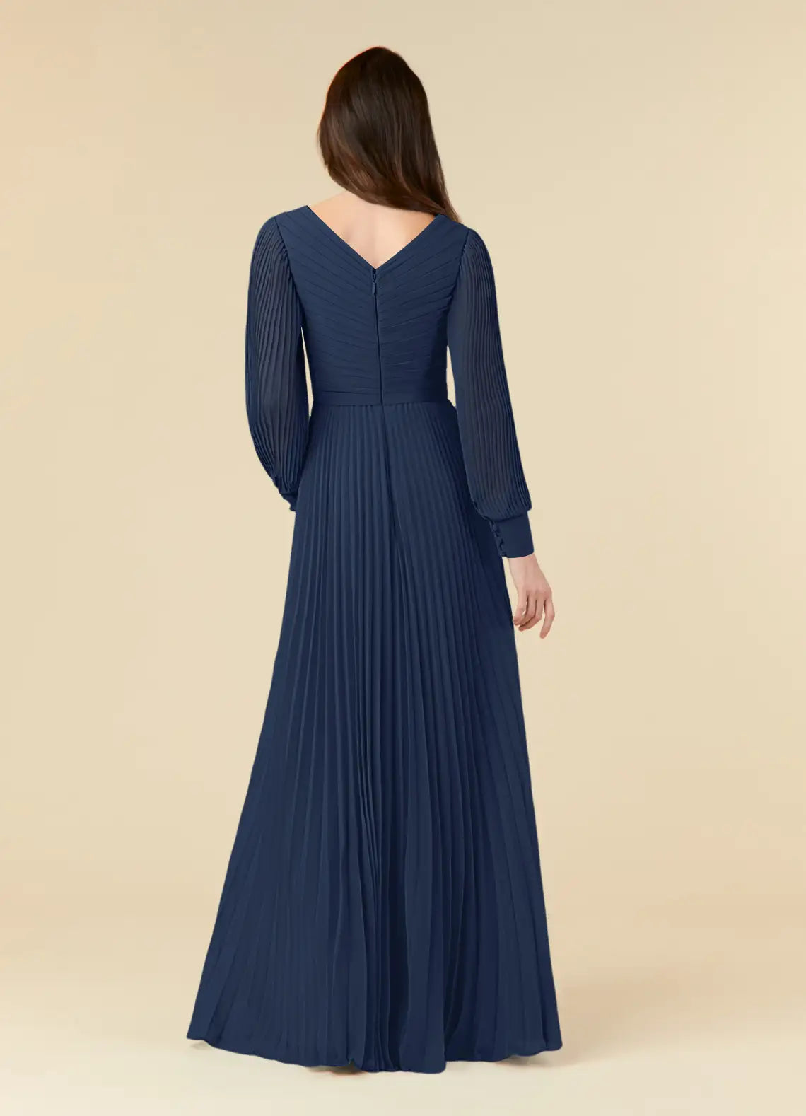 A-Line V-Neck Long Sleeve Pleated Chiffon Dark Navy formal dresses evening dress Mother of the Bride Dresses
