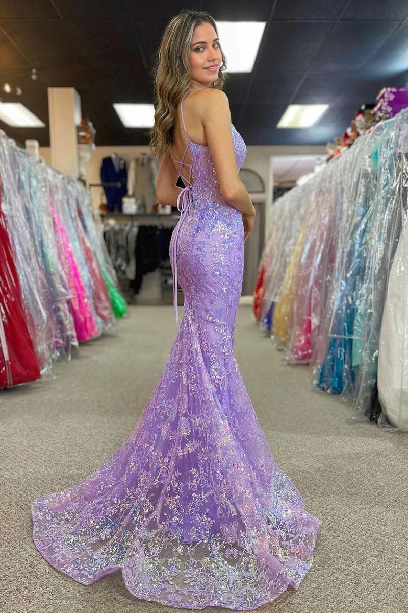 Mermaid V Neck Sequins Charming Lilac Long Prom Dress