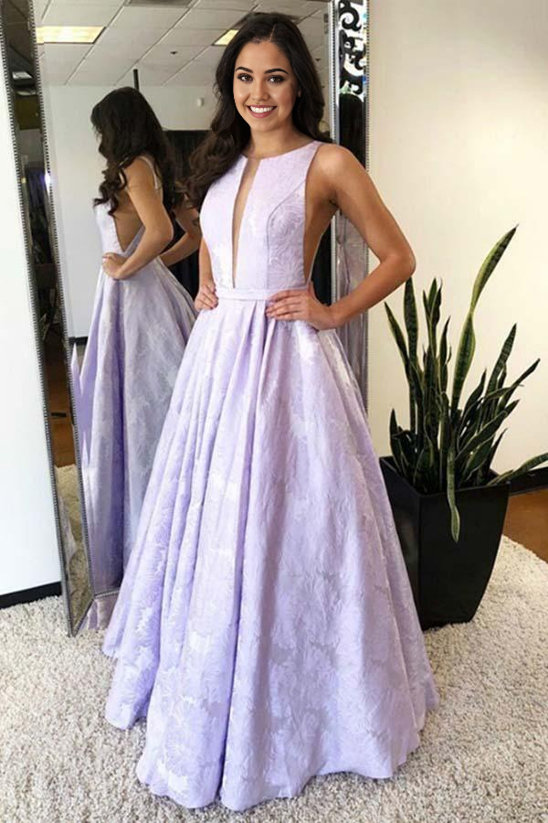 A-Line Round Neck Floor-Length Lilac Printed Prom Dresses Evening Dress