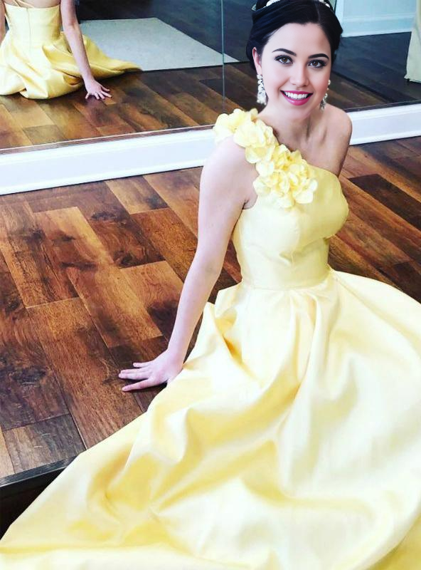 A-Line One Shoulder Flower Blue Satin Long Prom Dress Formal Dress