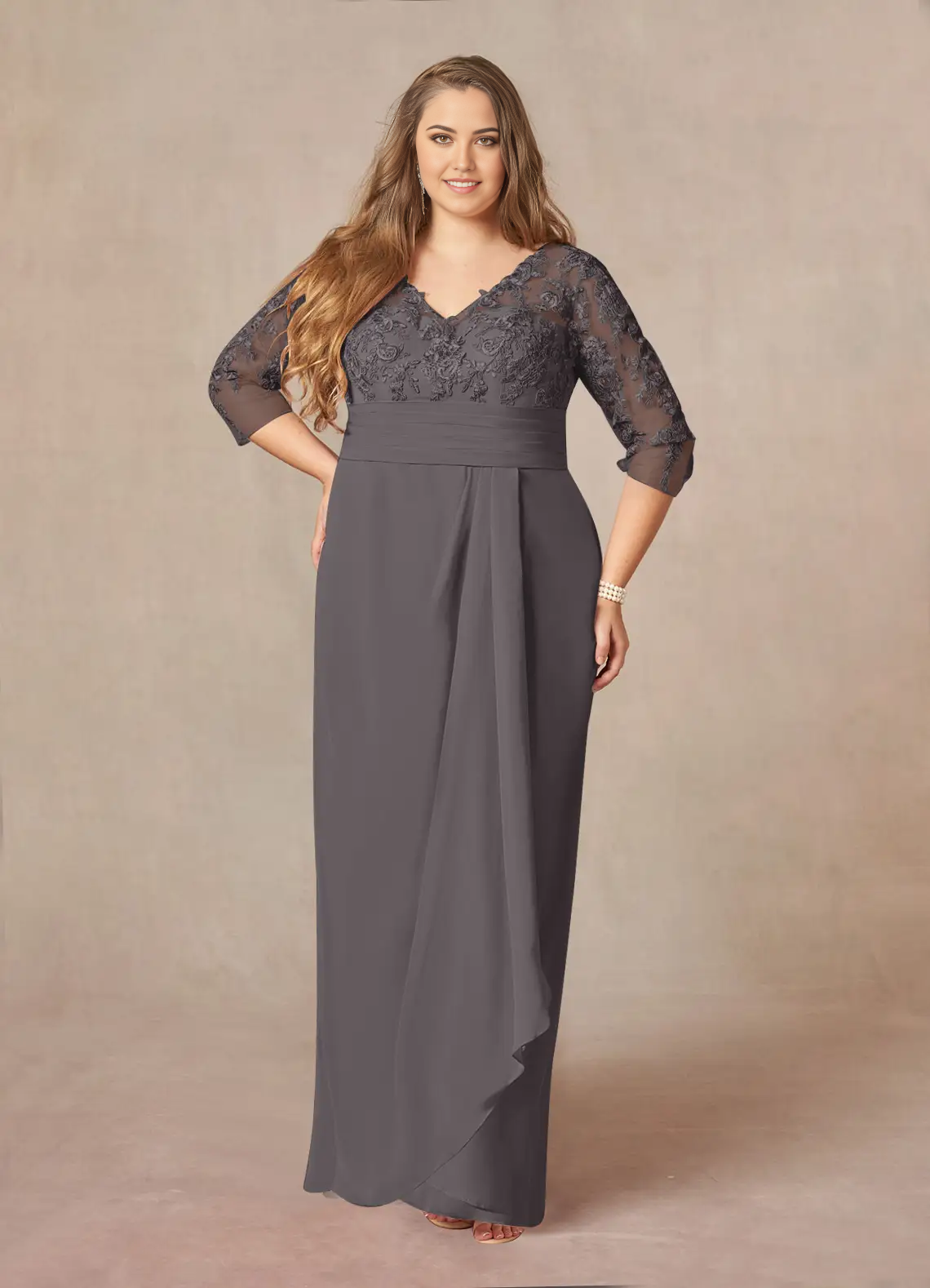 Sheath V-Neck Lace Chiffon Steel Grey formal dresses evening dress Mother of the Bride Dresses