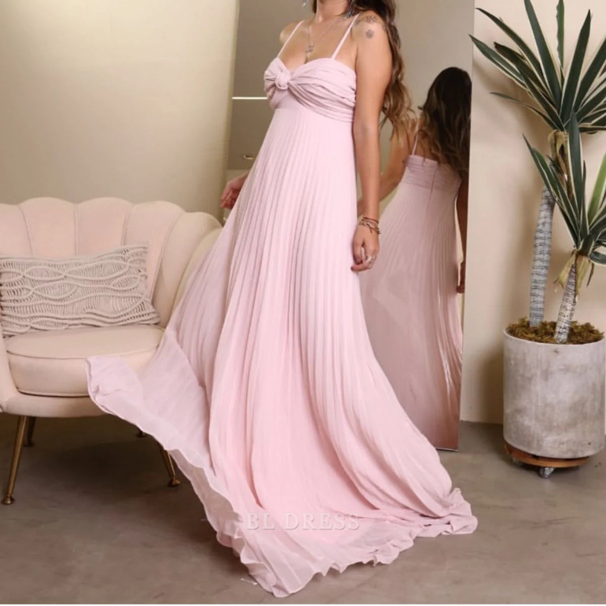 A Line Spaghetti Straps Pleated Pink Long formal dresses Bridesmaid Dresses evening gown Prom Dress