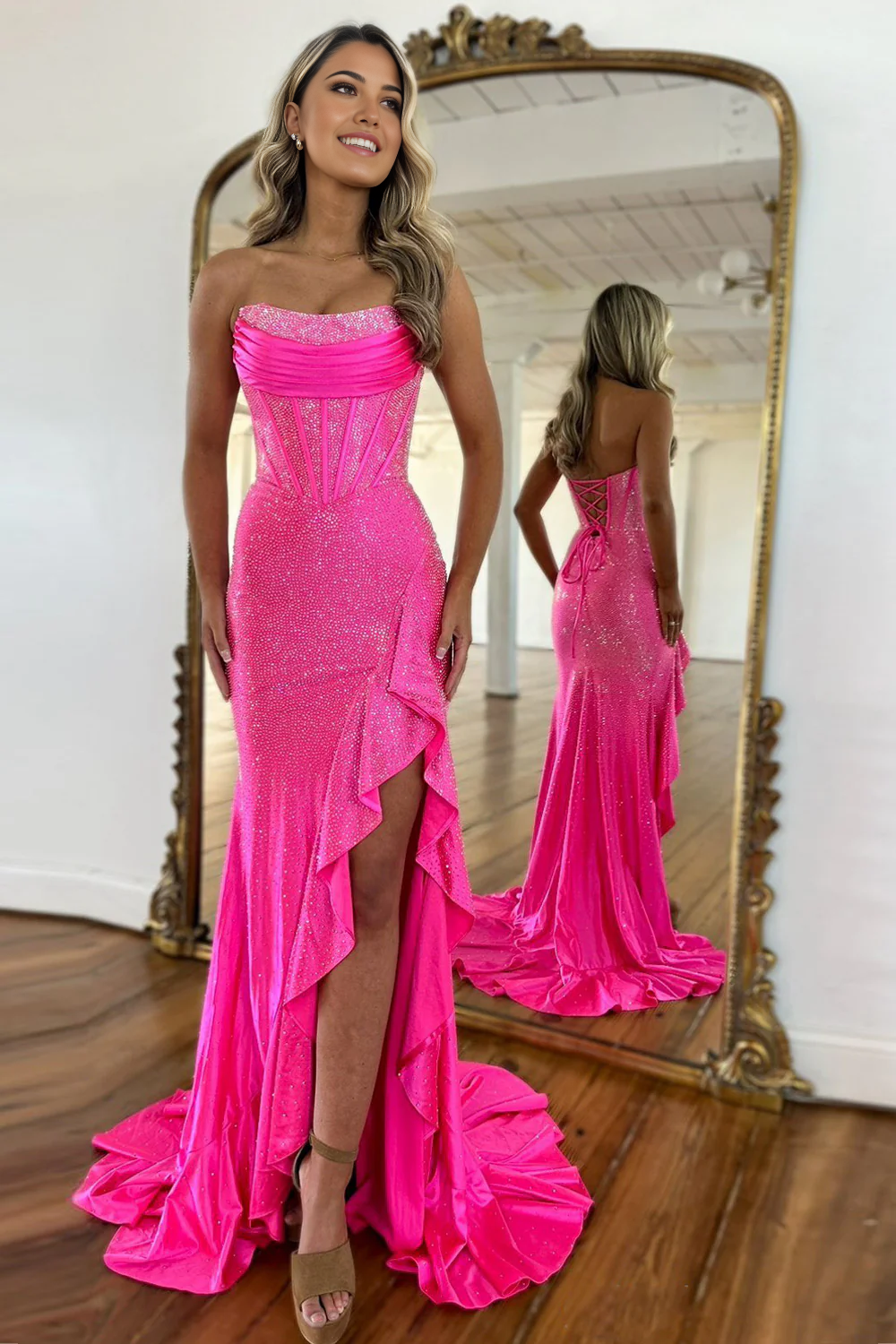 Mermaid Sparkly Hot Pink Strapless Long Beaded formal dresses evening dress Prom Dresses with Slit