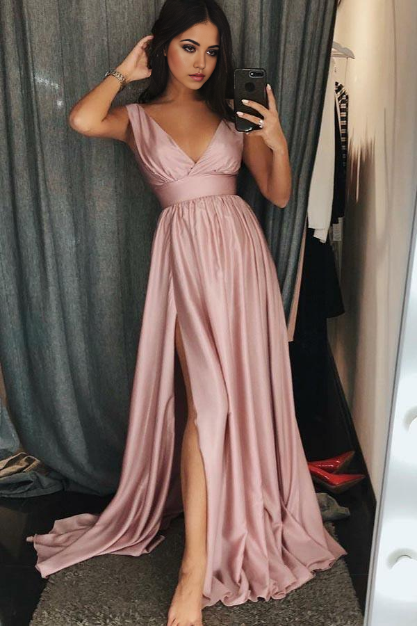 A-Line V-Neck Sleeves Pink Satin Prom Dress Evening Dress with Split