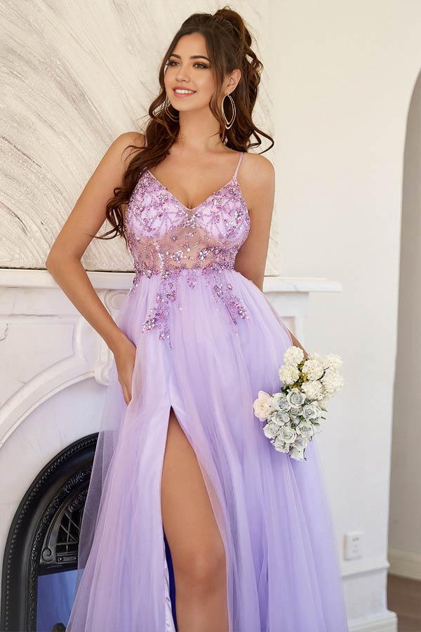 A-Line Tulle Split Lilac Long Prom Formal Dress With Beading