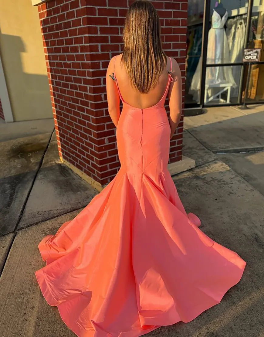 Mermaid Spaghetti Straps Orange formal dresses evening gown Long Prom Dress