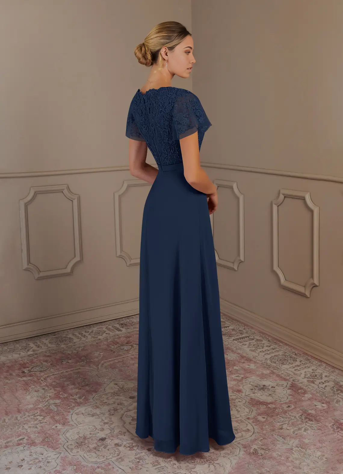 A-Line V-Neck Lace Chiffon Dark Navy Mother of the Bride Dresses
