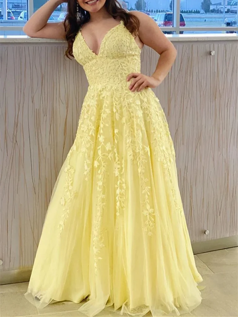 A Line V Neck Backless Lace Long Prom Dresses Formal Graduation Evening Dresses