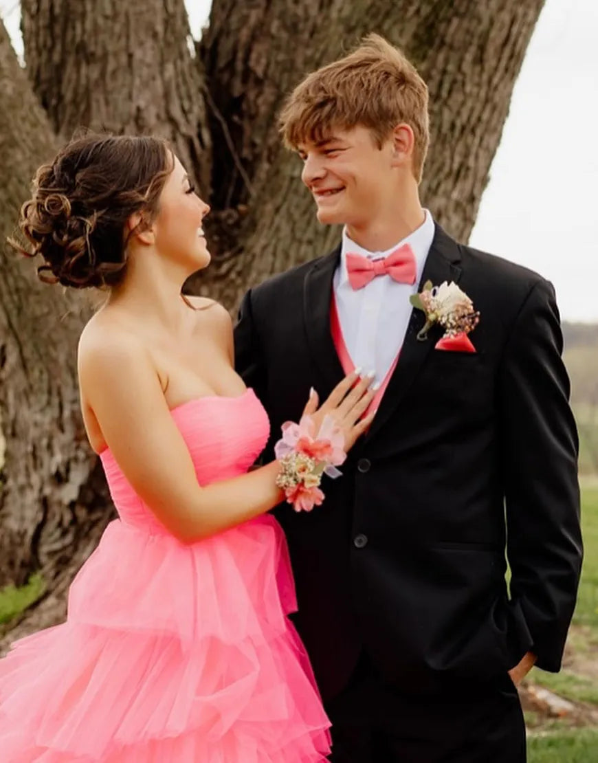 A-Line Strapless Ruffles Tulle Light Pink Long formal dresses evening gown Prom Dress