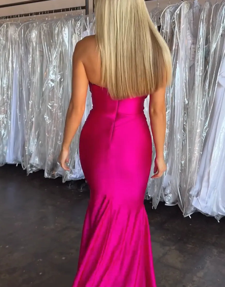 Mermaid Ruched Strapless Fuchsia formal dresses evening gown Long Prom Dress