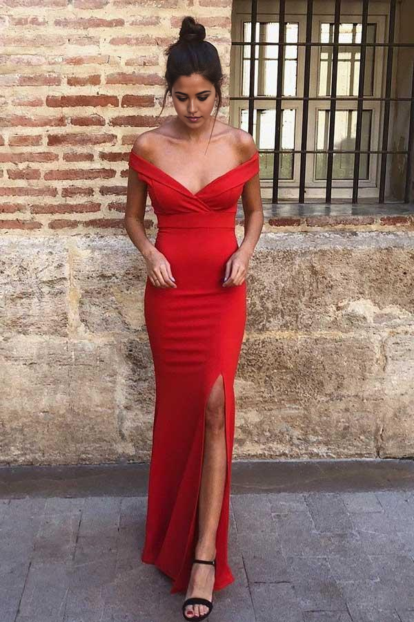 Mermaid Off-the-Shoulder Split-Side Sweep Train Satin Prom Dress