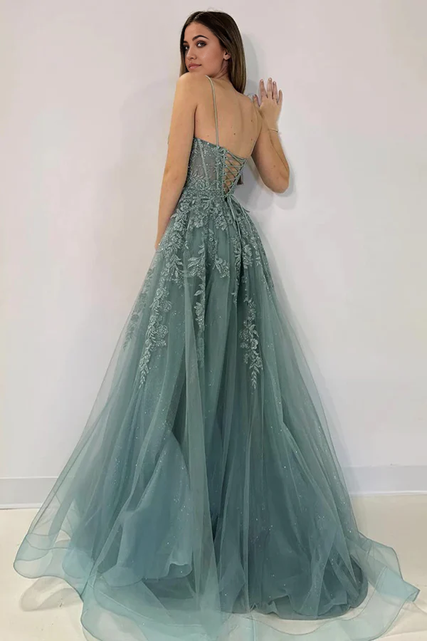 A-Line V Neck Tulle Lace Long Prom Dress