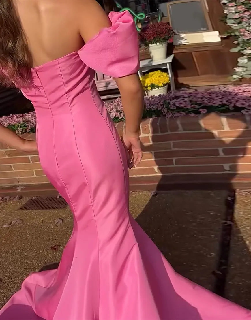 Mermaid Off the Shoulder Pink formal dresses evening dress Long Prom Dress