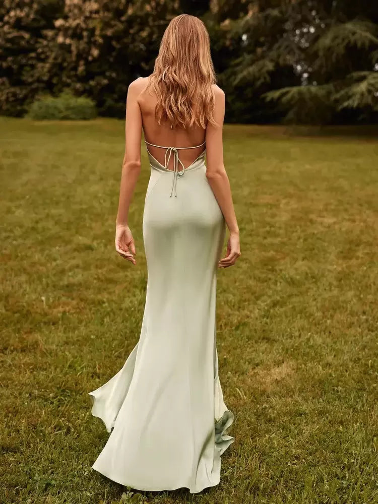 Etuikleid mit tiefem V-Ausschnitt, Satinstoff, Hochzeitskleid, Abendkleider, Brautjungfernkleid mit Schleppe 