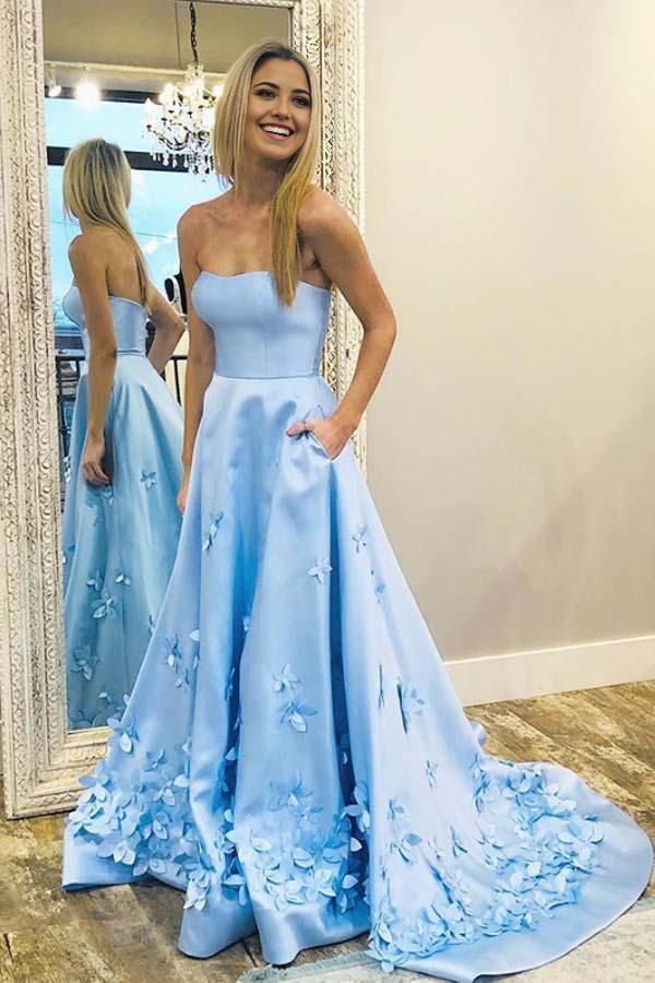 A-Line 3D Floral Sweetheart Sky Blue Applique Long Prom Dresses With Pocket