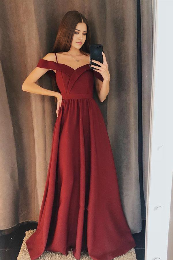 A Line Charming Off the Shoulder Burgundy Satin Long Prom Dresses