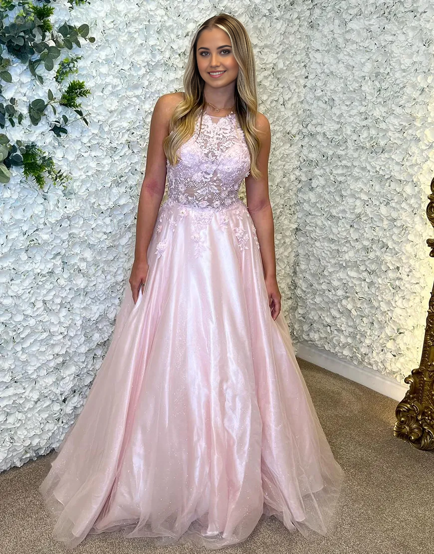 A-Line Halter Laced Top Tulle Pink Long formal dresses Bridesmaid Dresses evening gown Prom Dress