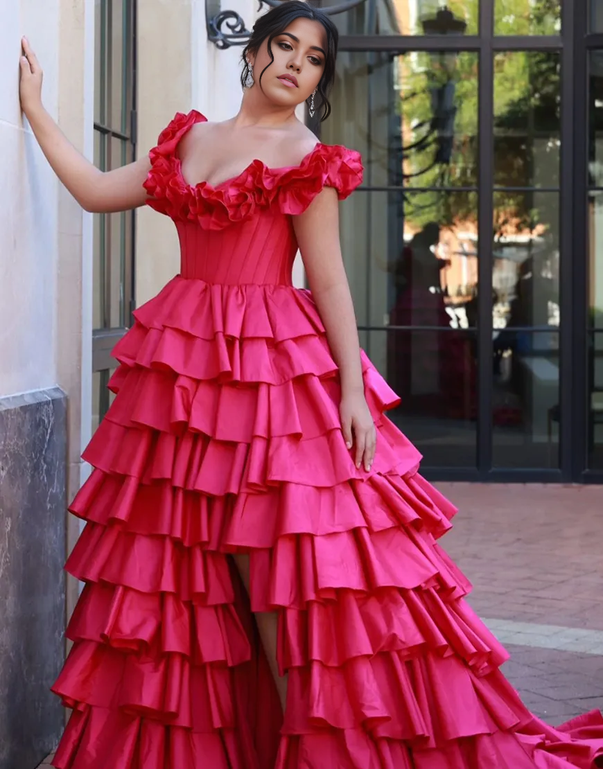 A-Line Ruffled Off the Shoulder Corset Tiered Fuchsia formal dresses evening gown Long Prom Dress with Slit