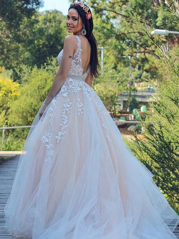 A-Line V-neck Princess Applique Tulle Sleeveless Sweep Train Wedding Dresses