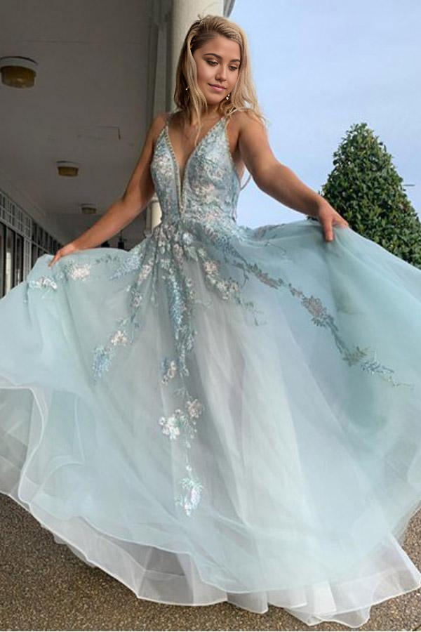A Line Spaghetti Straps Light Blue Prom Dress With Beading Appliques