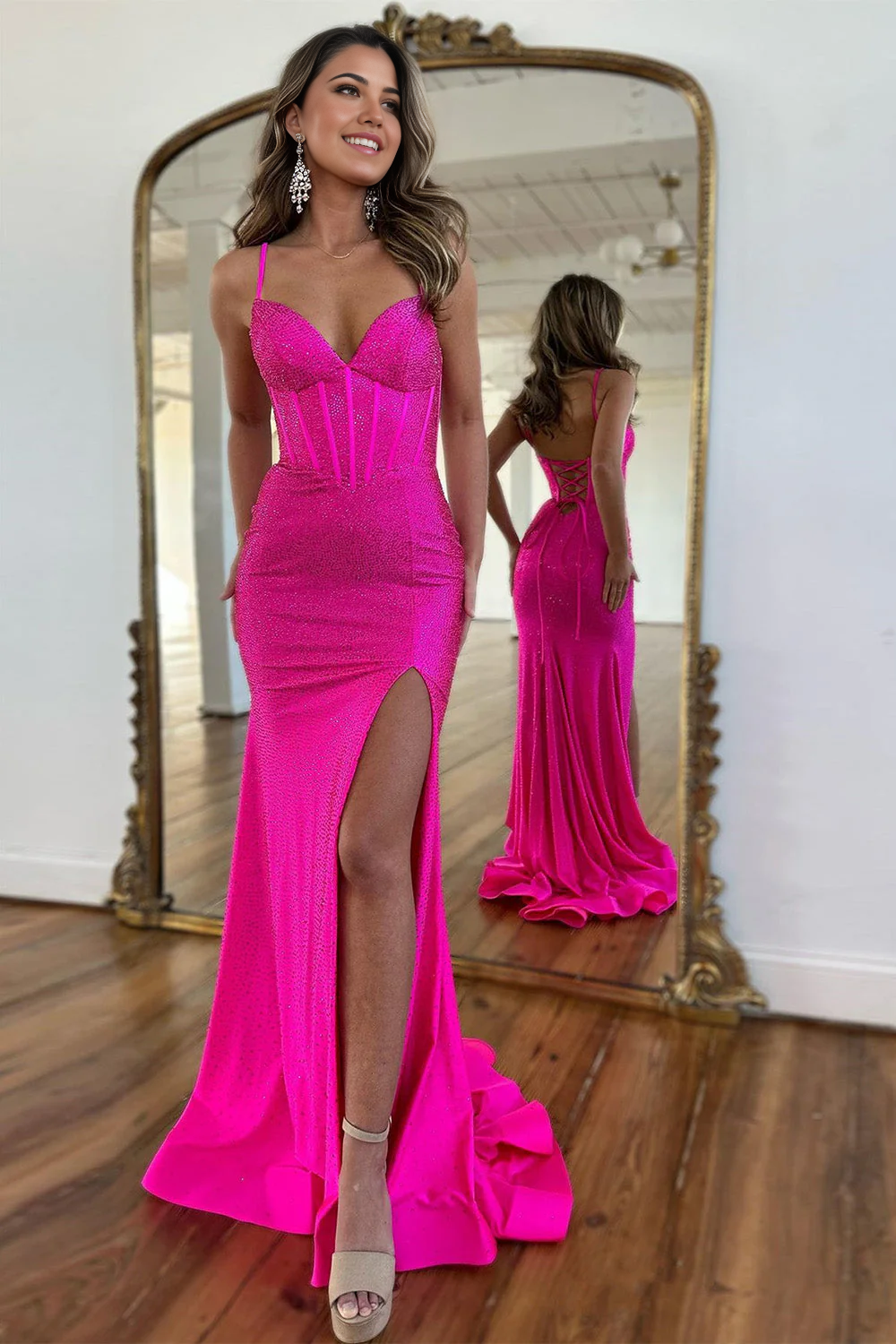 Mermaid Spaghetti Straps Fuchsia Beaded Lace Up Prom Dress With Slit