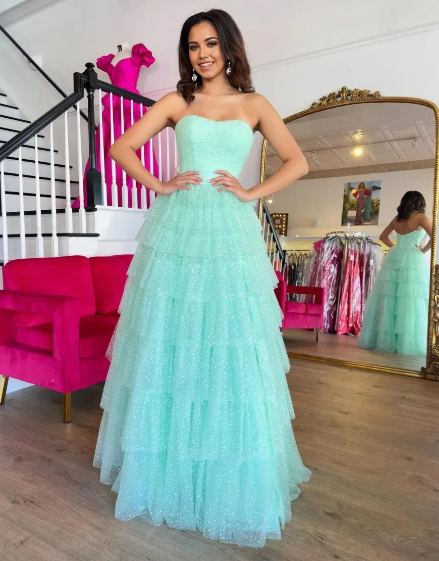 A-Line Strapless Ruffles Tulle Sky Blue Long formal dresses evening gown Prom Dress with Slit