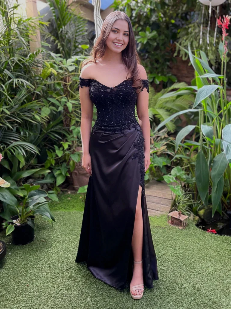 Mermaid Off The Shoulder Lace Long Prom Dresses with Leg Slit